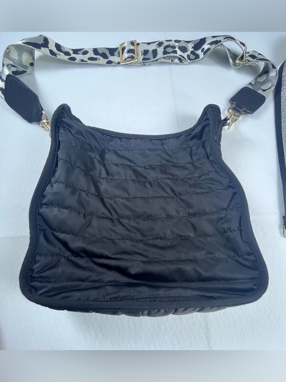 Ah-Dorned Black Quilted Nylon Puffer Messenger Crossbody Bag + Leopard Strap